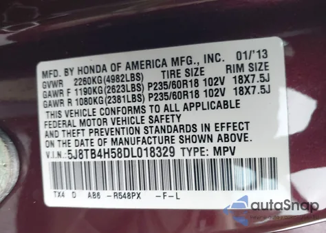 2013 Acura Rdx from USA, damaged, VIN 5J8TB4H58DL018329